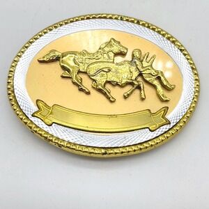 Western Rodeo Horse Rider Oval Belt Buckle‎ Gold Tone Metal Vintage Cowboy